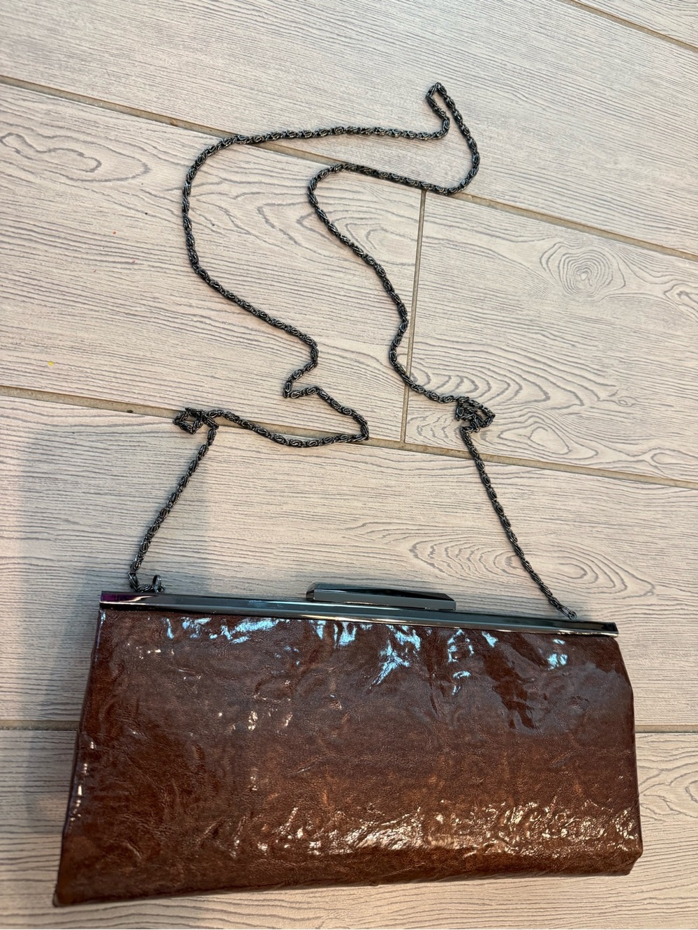 Kate Laundry Classic Faux Patent Leather Chain Clutch - Brown and Beautiful